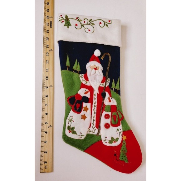 Vintage Christmas Stocking Santa Clause Snowmen 17" Red Holiday Stocking - Picture 2 of 3